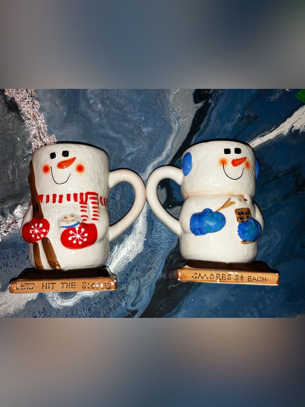 2 Piece Set of White Frosty the Snowman Mugs with Blue and Red Accents